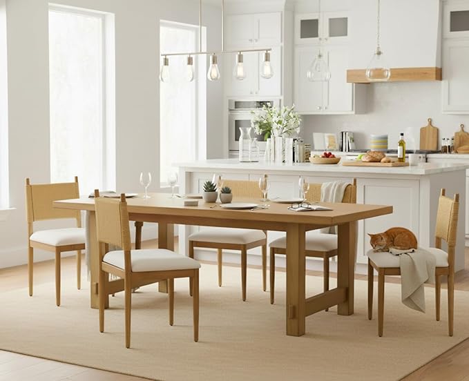 CIMOTA Modern Dining Chairs Set of 2, Mid Century Upholstered Dining Room Chairs with Woven Back, Armless Kitchen Chairs with Natural Solid Wood Legs, Linen Beige