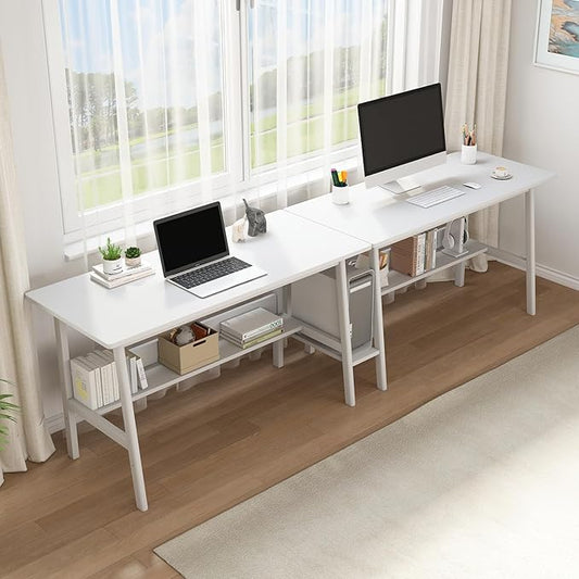 2-Person Writing Desk with Bookshelf - 110" Wooden Extra Long Home Office Work Table, Double Study Computer Workstation with Storage Shelves in White, 110" W x 24" D