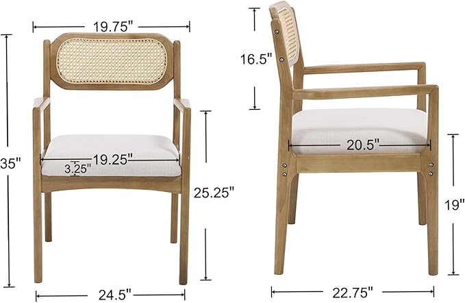EALSON Rattan Dining Chairs with Arms Set of 2 Mid Century Dining Room Chairs with Wood Legs Linen Upholstered Kitchen Chairs Farmhouse Cane Back Arm Chairs for Living Room, Beige, Light Natural