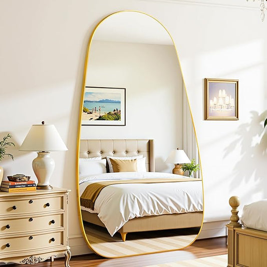 Antok Full Length Mirror, 76"x36" Floor Mirror with Stand,Standing Hanging Leaning Irregular Mirrors for Bedroom Living Room Entryway,Tear Drop Style,Golden