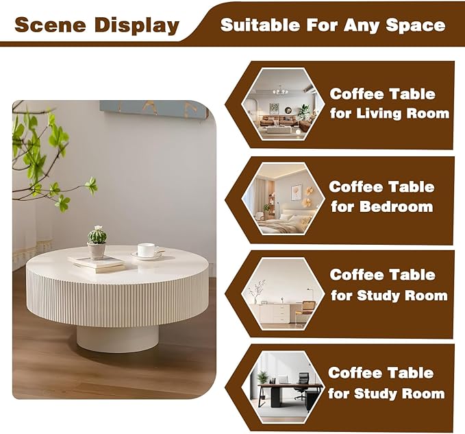 Round Drum Coffee Table Modern Coffee Table with Solid Wood Veneered Circle Center Table Accent Tea Table for Living Room Apartment Small Space (A)