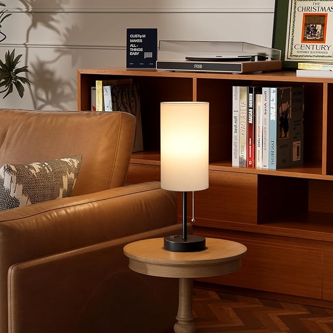 17.4Inches White Bedside Lamp for Bedroom Nightstand - Tall Lamp with USB A + C Charging Port & AC Outlet, 3 Color Temperatures Pull Chain, Side Desk Reading Light for Living Room