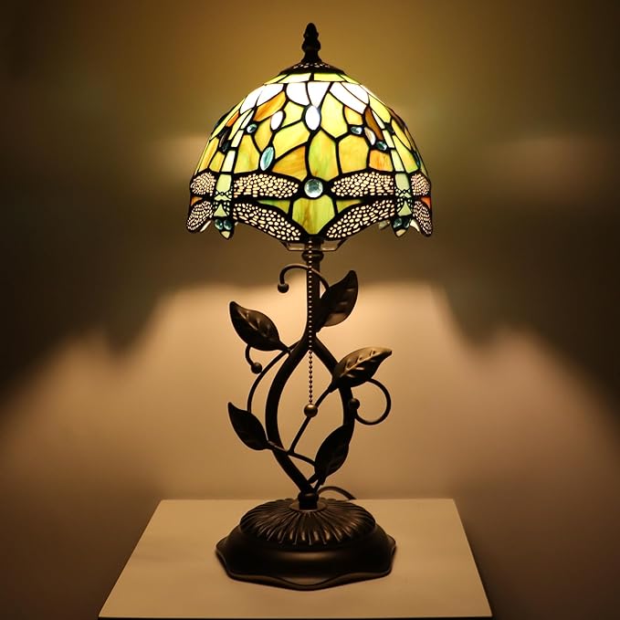 Small Tiffany Lamp Yellow White Dragonfly Style Stained Glass Table Lamps Desk Bedside Reading Light 8X8X18 Inches with Bronze Metal Leaf Resin Base