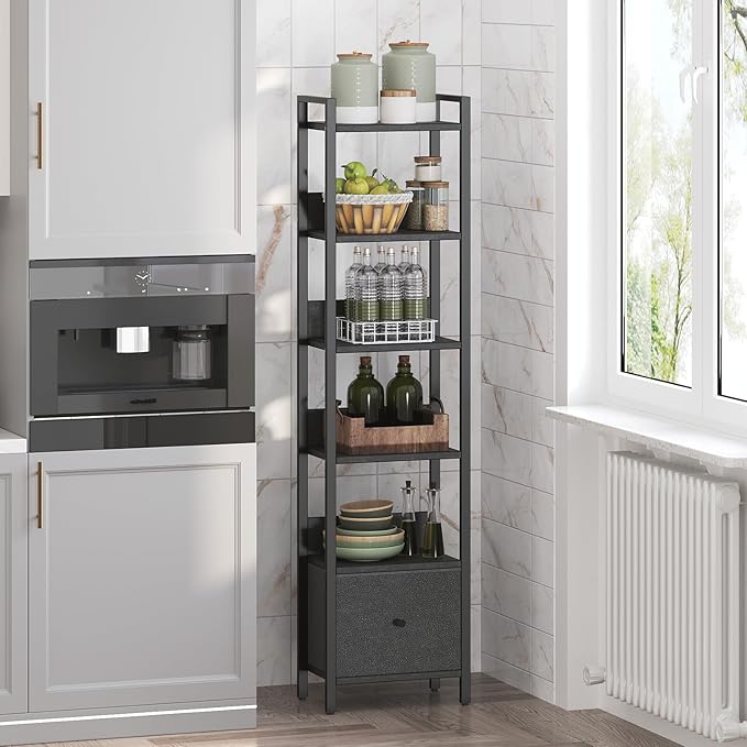 Bookshelf, 6-Tier Bookcase with Drawer, Small Book Shelf for Small Space, Storage Shelf Organizer, for Living Room, Bedroom, Study, Kitchen, Black BKHB66101
