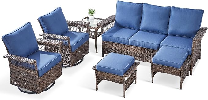 6 Pieces Wicker Patio Furniture Set - Hollow Widen Armrests Outdoor Swivel Glider Chairs and 3 Seat Sofa with Coffee Table & Ottomans for Balcony Porch Deck and Yard - Brown/Blue