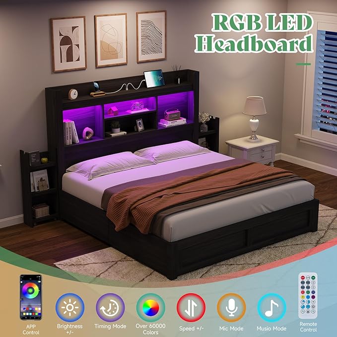 AMERLIFE Queen Bed Frame with 4 Storage Drawers, LED Bed Frame with 49.6" Tall Bookcase Headboard, Wood Platform Bed with Charging Station & 2 Slide Bedside Shelf, No Box Spring Needed/Black