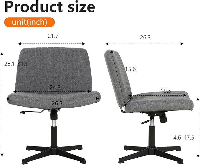 FDW Criss Cross Chair Armless Cross Legged Office Desk Chair Adjustable Swivel Ergonomic Gaming Chair No Wheels Backrest with Wide Seat Native Sponge Computer Task Vanity Chair for Home Office,Grey