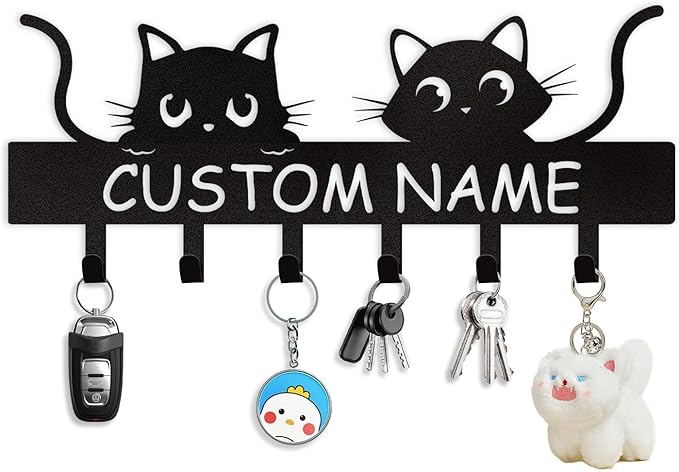 Personalized Metal Key Holder for Wall, Cat Key Holder Wall Mount, Custom Name Cat Coat Key Rack with Hook, Key Hanger Gifts for Cat Lovers, Cute Key Holder Organizer for Entryway Bedroom Decor