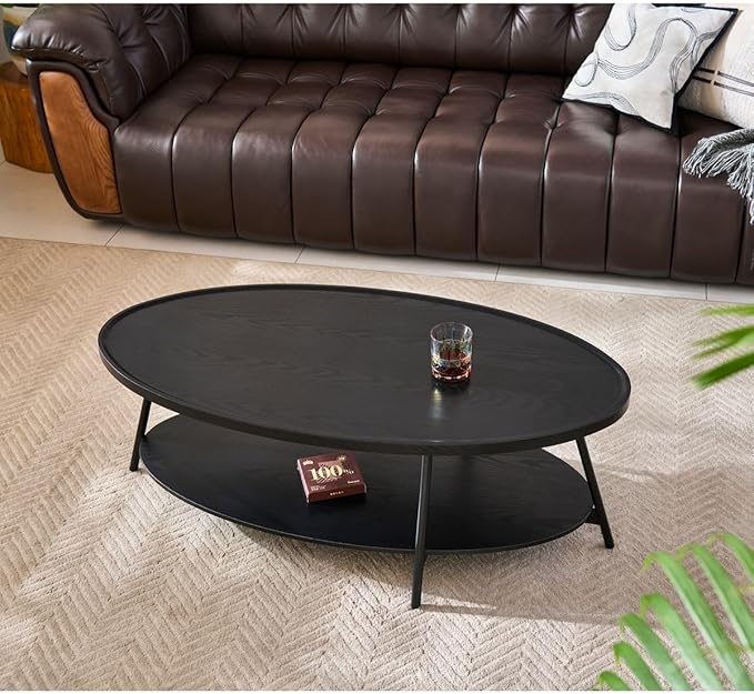 AGV Oval Coffee Table with Shelf Storage, 2-Tier Black Wood Finish Center Table for Living Room, Modern Asymmetrical Metal Legs, Raised Edge Sofa Table