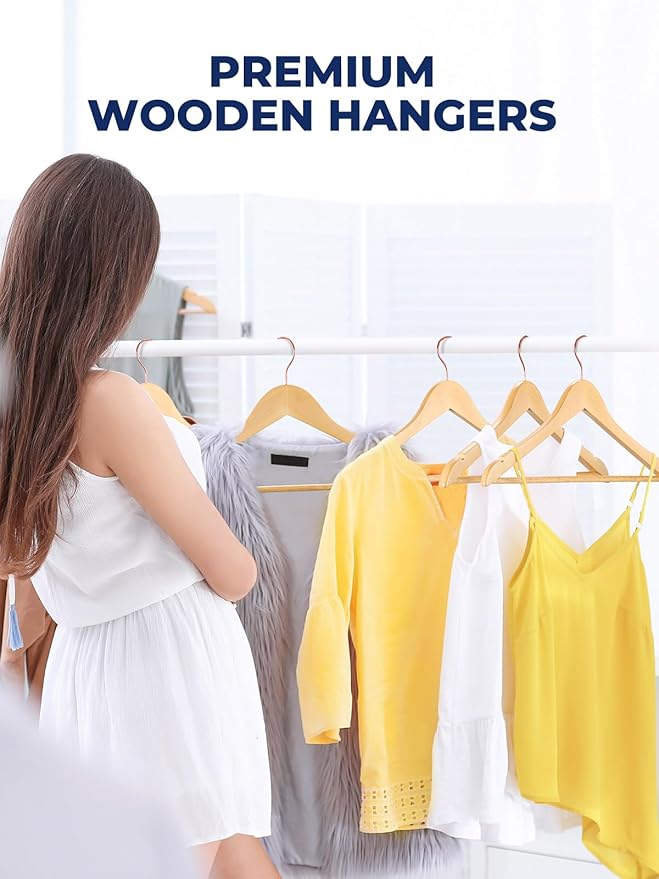 Smartor Wooden Hangers 10 Pack, Solid Wood Coat Hanger for Closet, Heavy Duty Wood Hangers for Suits, Shirts, Dresses, with 360° Rose Gold Hook, Non Slip Pant Bar, Natural