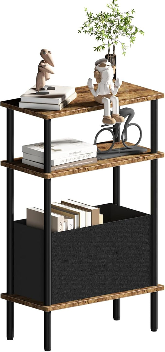 Narrow Side Table with Fabric Basket, End Table for Small Spaces, Slim Nightstand with 3-Tier Storage Shelf, Sofa Beside Table, for Living Room, Bed Room, Rustic Brown