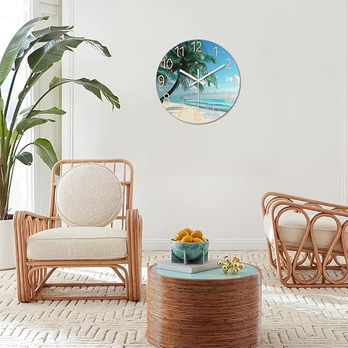 XFM Blue Beach Wall Clock 20 Inch Silent Wall Clocks Battery Operated Coastal Theme Palm Tree Wall Clock Decorative for Living Room Kitchen Bedroom Office