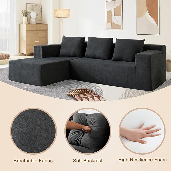 103" Cloud Sectional Sofa, No Assembly Required, Boneless L-Shape Couch with Chaise, Modern Minimalist Modular Couch, Free Combination, Deep Seat, Dark Grey, Left