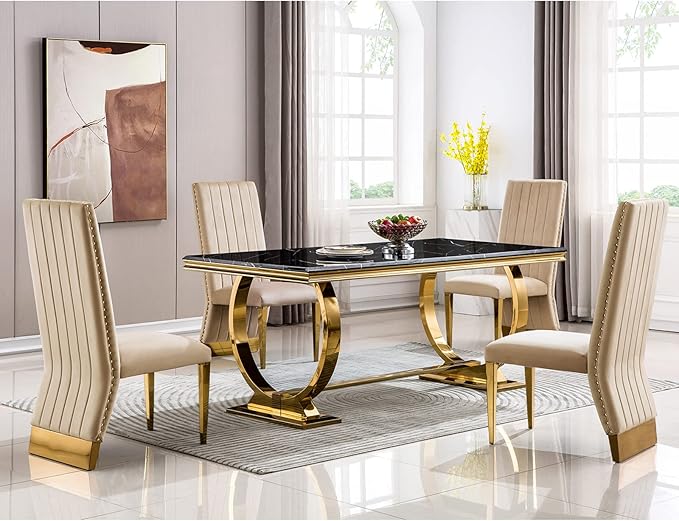 AUZ Dining Chairs with Nail Head Trim, Modern Velvet Upholstered Dining Room Chairs in Lovely Color with Polished Gold Stainless Steel Legs, Set of 2