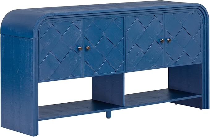 60'' Curved Sideboard with 4 Doors and Bottom Shelf, Versatile Wooden Accent Storage Cabinet Entryway Console Table for Hallway Living Room Dining Room (Navy Blue-4.16)