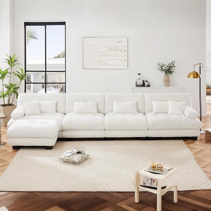 173.2" Oversized Couch, 4 Seater Modular Sectional Sofa, White Large L Shaped Fluffy Couch Set, Chenille Cloud Sofas with Ottoman for Living Room