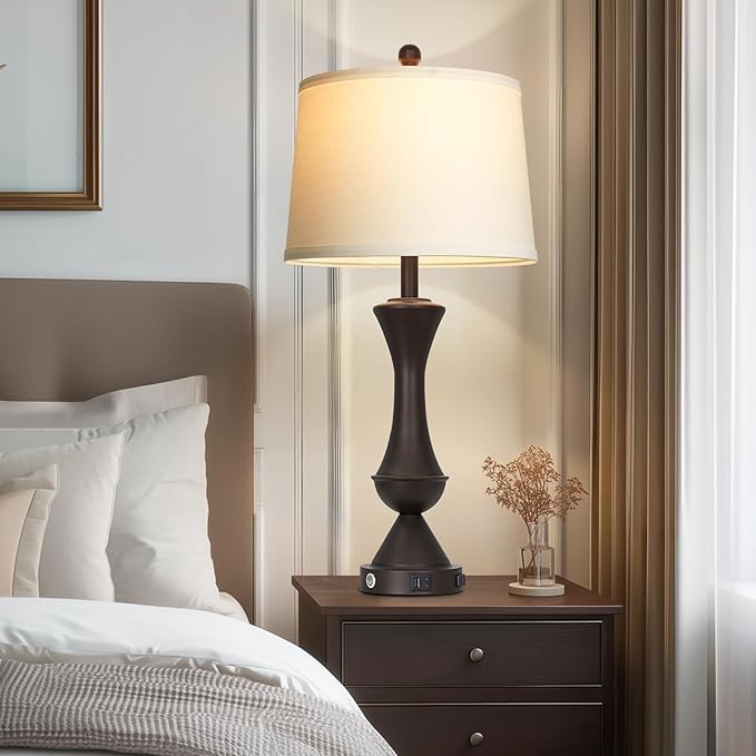 29" BrownTall Table Lamps for Living Room, Touch Control Bedroom Lamp with USB A+C Ports, 3-Way Dimmable Bedside Table Lamps Set of 2, Modern Metal Lamp for Nightstand