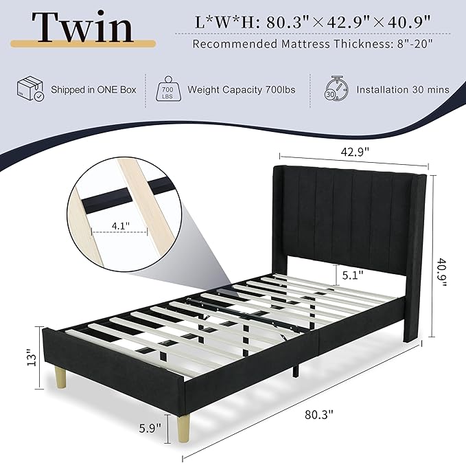 Twin Size Upholstered Platform Bed Frame with Modern Wingback & Vertical Panel Headboard, Linen Fabric, Wooden Legs & Slats Support, No Box Spring Needed, Noise-Free & Easy Assembly, Black