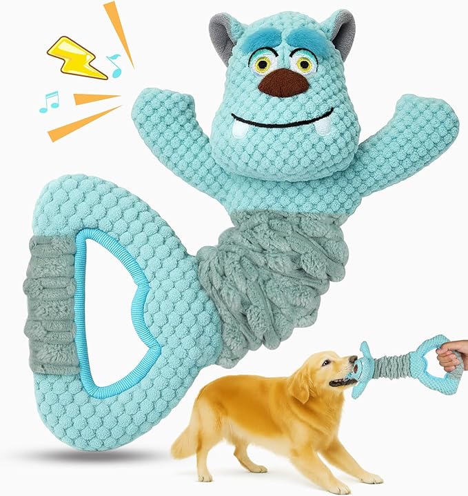 Swooflia Tug of War Dog Toy-Squeaky Plush Tug a War Dog Toy for Medium Large Breed Dogs to Keep Them Busy, Interactive Crinkle Doggie Toy, Cute Monster with Soft Long Pull Handle