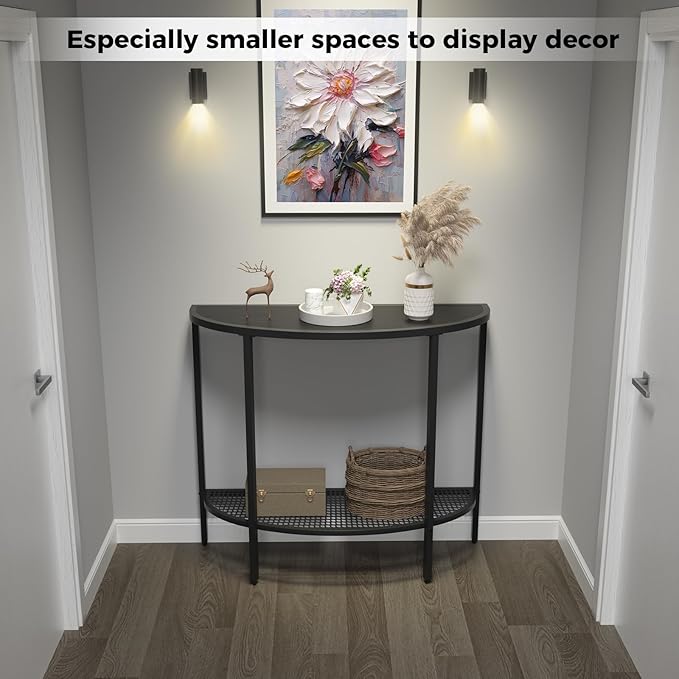 SAYGOER Black Half Moon Console Table 2 Tier Narrow Entryway Table with Storage Modern Couch Table Small Entry Way Tables, Easy Assembly, All Black