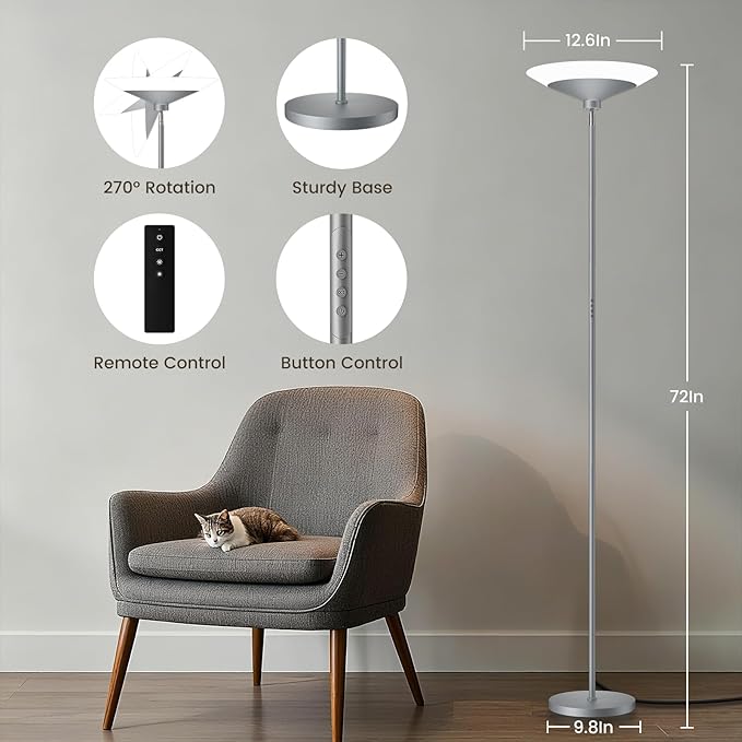 Silver Torchiere Floor Lamp - 30W Dimmable LED Standing Lamp with Remote/Button Control, 1800Lm, 3000-6500K, 72in Bright Standing Pole Light for Living Room Bedroom Office Corner