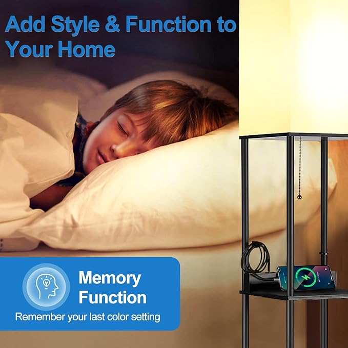 2 Packs Floor Lamp w. Shelves Including 2AC Outlets & 2USB Ports 9W LED Light Bulb 3 Color Temperature Soft/Cool/Daylight White w. 1PC 2 Prong to 3 Prong Adapter for Living Room/Bedroom