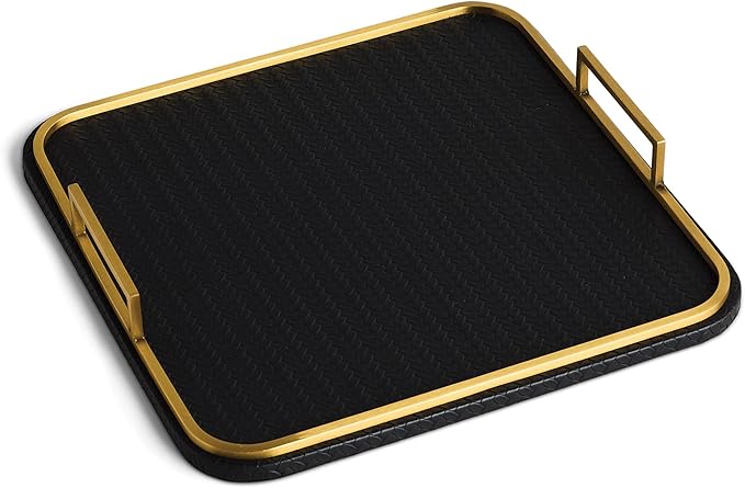 Preston Lane Mayfair Decorative Tray – Vegan Leather with Woven Texture, Brushed Brass Handles – Serving, Dresser & Coffee Table Tray, Ink