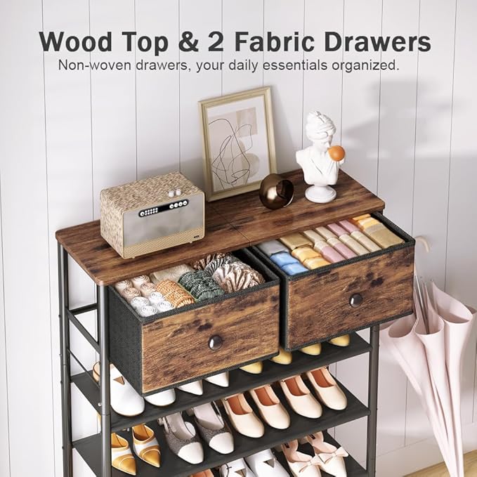 Shoe Rack Organizer 5 Tier Metal Organizer Shelf with 2 Drawers Industrial MDF Board and Layer Fabric for Entryway Closet Bedroom Living Room Garage
