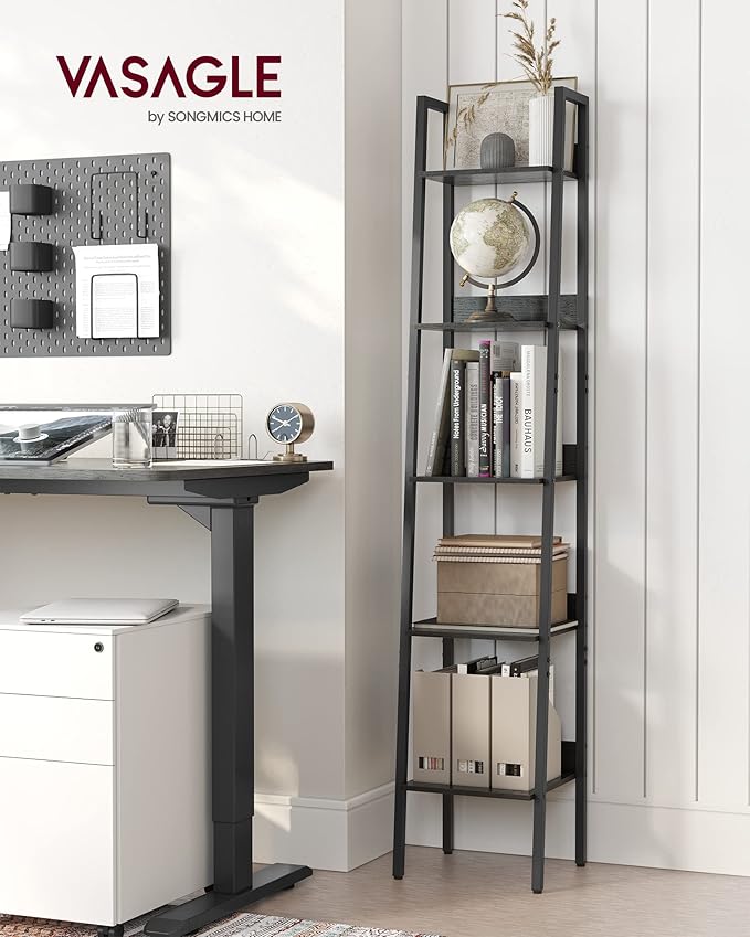 VASAGLE Bookshelf, 5-Tier Narrow Book Shelf, 11.8 x 13.3 x 66.9 Inches, Ladder Shelf for Home Office, Living Room, Bedroom, Kitchen, Ebony Black and Ink Black ULLS109B56