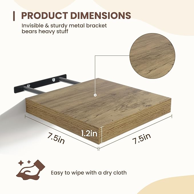 Fun Memories Square Floating Shelves for Wall - 9.3 Inch Deep Floating Shelves with Invisible Brackets, Grey Small Wall Shelf for Living Room, Bathroom, Bedroom, and Kitchen Decor，Set of 4