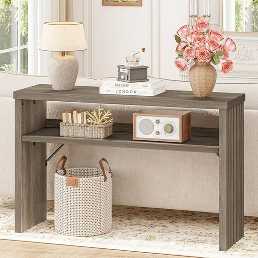 BON AUGURE Sofa Console Table, Wood Entryway Table, Grey Behind Couch Tables with Open Storage, Modern Narrow Hallway Tables (Greige Oak, 47 Inches)