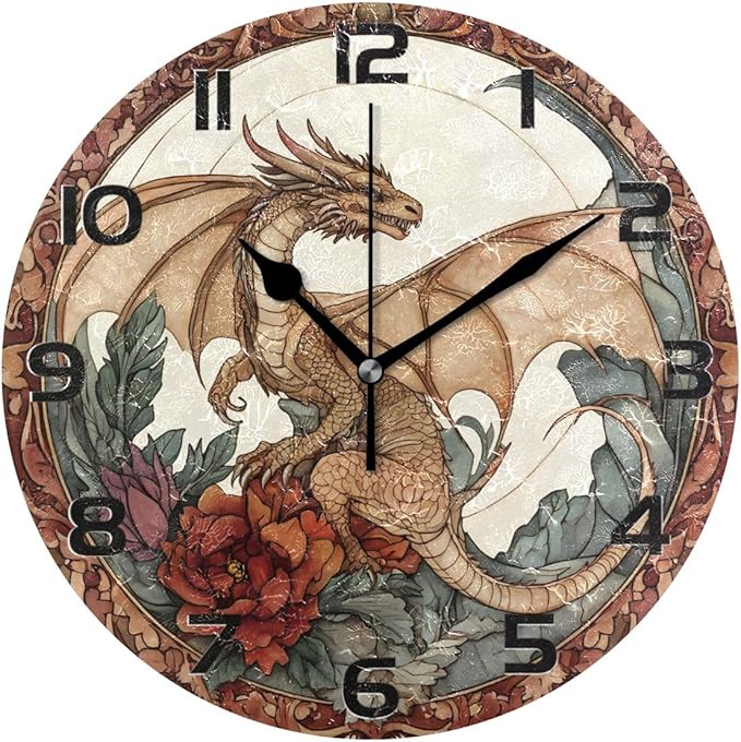 Bolaz Wall Clocks Decorative Bedroom Silent Living Room Desktop Dragon Flowers Tabletop Shelf Clocks Round Battery Operated 10 Inch Non-Ticking