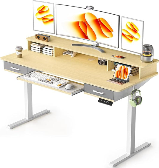 63 Inches Electric Standing Desk with Keyboard Tray, Height Adjustable Sit to Stand Table with 2 Drawers, Ergonomic Home Office Desk with Storage Shelf, Computer Table, Oak