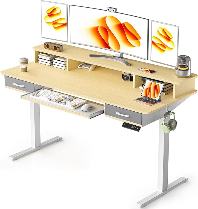 55 Inches Electric Standing Desk with Keyboard Tray, Height Adjustable Sit to Stand Table with 2 Drawers, Ergonomic Home Office Desk with Storage Shelf, Computer Table, Oak