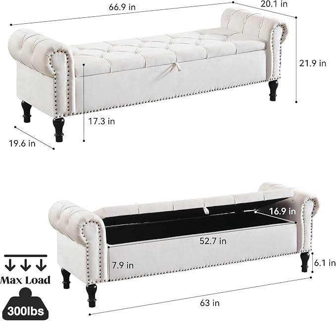 Velvet Storage Bench 67 Inch Upholstered Tufted Ottoman Bench with Arms Large Storage Space King Size End of Bed Benches for Bedroom Living Room Entryway Beige