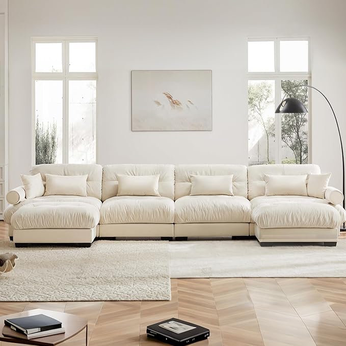 166" Oversized Couch, 4 Seater Modular Sectional Sofa, Beige White Large U Shaped Sectional Couches, Fluffy Couch Set, 4 Seater, Velvet Cloud Couches with Ottoman, Sofas for Living Room