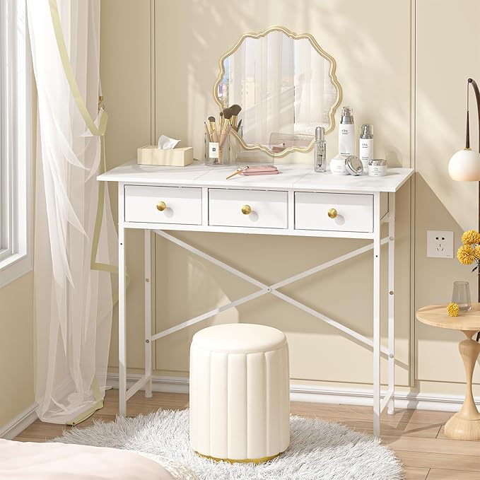 Small Makeup Vanity Desk No Mirror, 37.2 Inch Vanity Desk with 3 Drawers, Girls Vanity Dressing Table for Bedroom, Small Vanity for Small Spaces, White