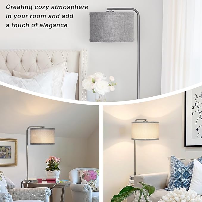 Gray Bedside Lamp with USB C+A Charging Ports, Fully Dimmable Modern Nightstand Lamp with Grey Fabric Shade, Tall Reading Lamp Desk Lamp for Bedroom Living Room Office with 3000K LED Bulb