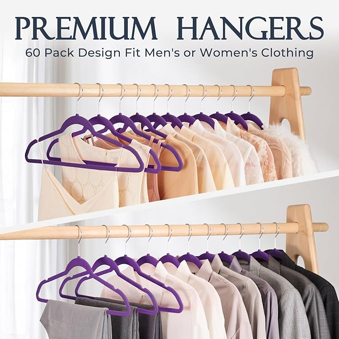 HOUSE DAY Noble-Purple Velvet Hangers 60 Pack, Non Slip Clothes Felt Hanger Heavy Duty for Coat, Premium Slim Space Saving Suit Hangers for Closet Organizer, 360° Rotating Silver Hook