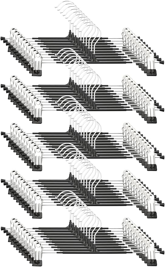 Pants Hangers with Clips - 50 Pack Heavy Duty, Non-Slip Adjustable Space Saving Skirt Hangers for Pants, Jeans, Shorts | Black | 12 Inch