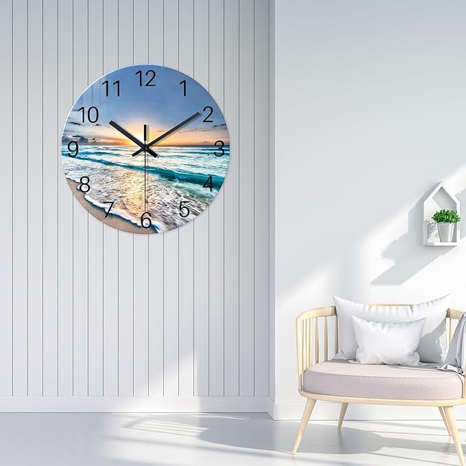 Coastal Glass Battery Wall Clock 24 Inch Blue Extra Large Clocks for Living Room Decor Round Quite Wall Clock Non Ticking