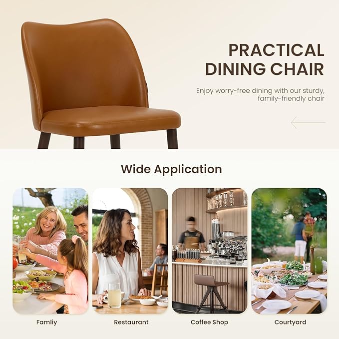 Wooden Dining Chairs Set of 2, Upholstered Kitchen Dining Room Chair, Modern Faux Leather Farmhouse Dinner Chair for Restaurant & Cafe, Light Brown