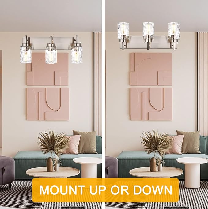 BONLICHT Brushed Nickel Vanity Light Modern 3 Light Bathroom Lighting Fixture Over Mirror with Clear Hammered Glass Shade, Industrial Indoor Farmhouse Wall Mounted Lamp for Powder Room Kitchen Hallway