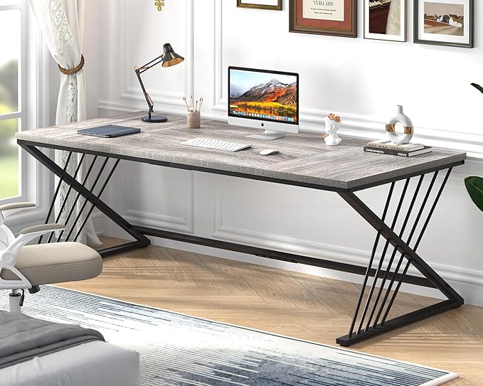 FOLUBAN 70.9" Industrial Computer Desk with Z-Shaped Legs, Modern Home Office Desk for 2 Person, Large Gaming Executive Workstation Study Table for Bedroom Writing, Light Grey