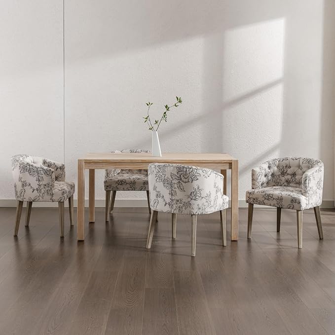 HEAH-YO Modern Dining Chairs Set of 4, Upholstered Linen Fabric Dining Room Chairs with Barrel Backrests, Comfy Kitchen Chair for Dining Room, Beige