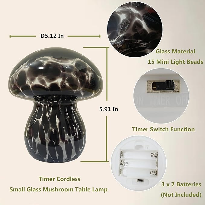 Mushroom Table Lamps Night Lights Cute Glass Nightstand Bedside Desk Lamps for Bedroom Living Study(Bulb Included) - Black