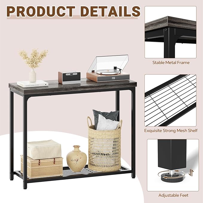 32" Small Console Table, 2-Tier Narrow Entryway Table, Sofa Table with Mesh Shelves, Console Tables for Living Room, Hallway, Entryway, Farmhouse Console Table with Storage, Oak Grey
