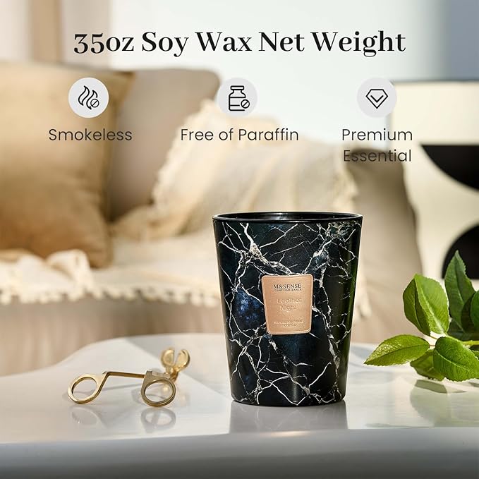 M&SENSE Extra Large Candle 35oz 150H LeatherNight Scented Candle,3 Wick Highly Scented Jar Candle, XL Candles Gift for Women and Men