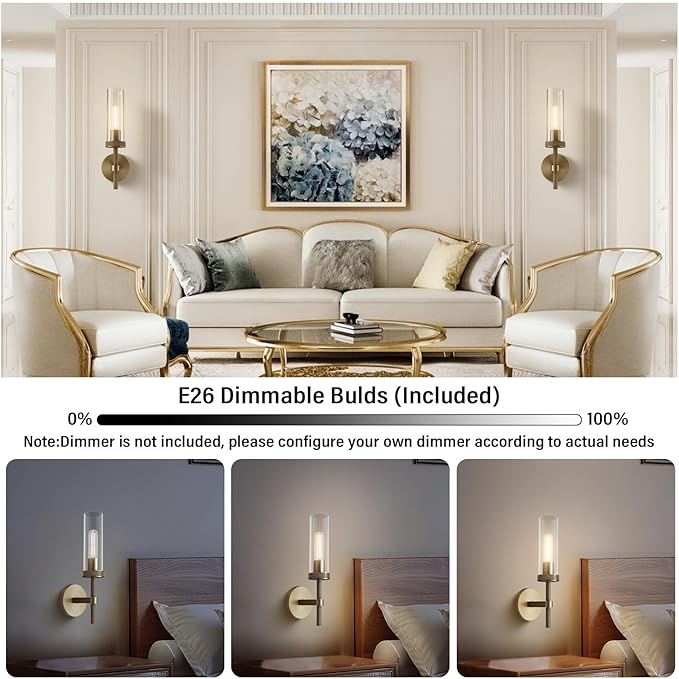 14" Bathroom Vanity Wall Sconces, Gold Wall Sconces Set of Two,Glass Tube Sconces Wall Lighting Indoors,Wall Lights for Mirror, Living Room, Bedroom, Hallway