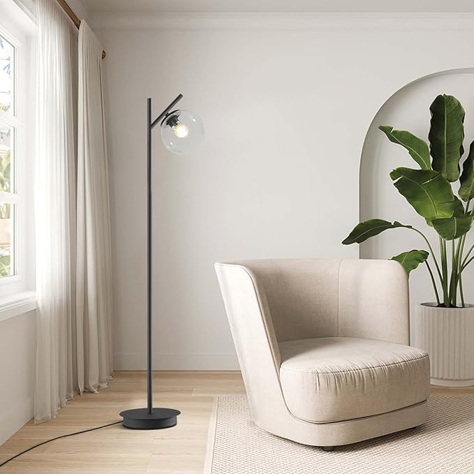 Modern Black Floor Lamps for Living Room Industrial Clear Globe Tall Standing Lamp Mid Century Freestanding Lamps Vintage Metal Floor Lamp for Bedroom Office